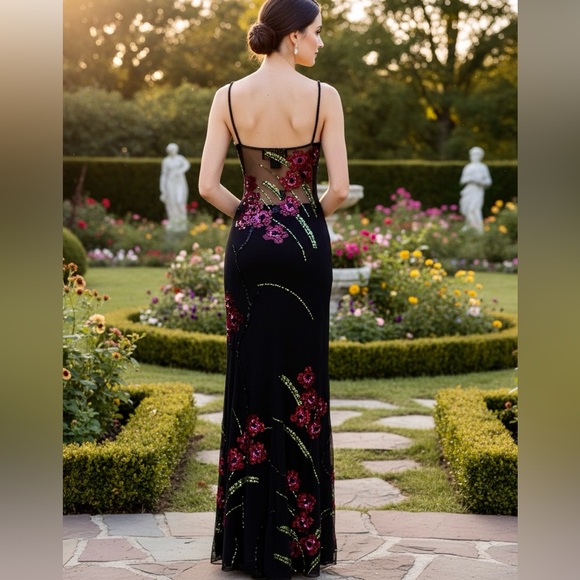 Black hand beaded designer Floral Evening Slip Dress - Picture 4 of 11